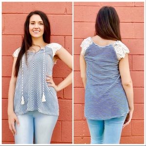 ❌❌ SOLD: Striped Blouse with Crochet Sleeve & Ties
